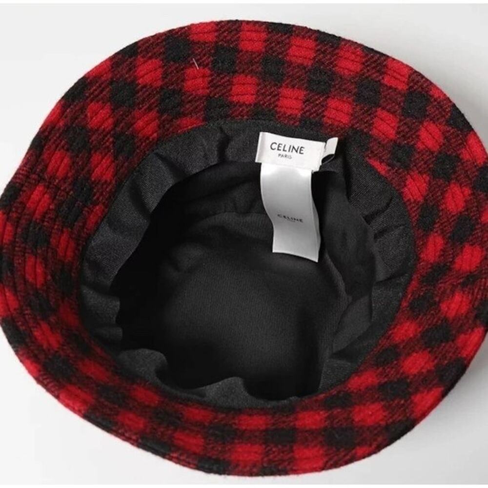 Celine Paris Black Red Checkered Check Wool White Logo Sun Fall Bucket Hat M - Picture 8 of 10